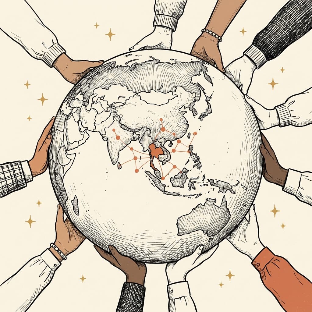 Many hands holding up a globe with Thailand highlighted