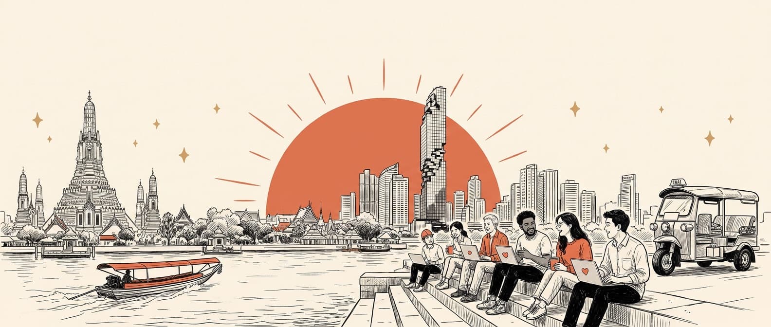 Hand-drawn Bangkok skyline with Wat Arun, MahaNakhon and a tuk-tuk, an orange sun behind, and builders with laptops on the river steps