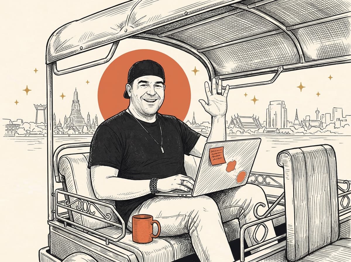 Ian waving from the back of a Bangkok tuk-tuk with his laptop open