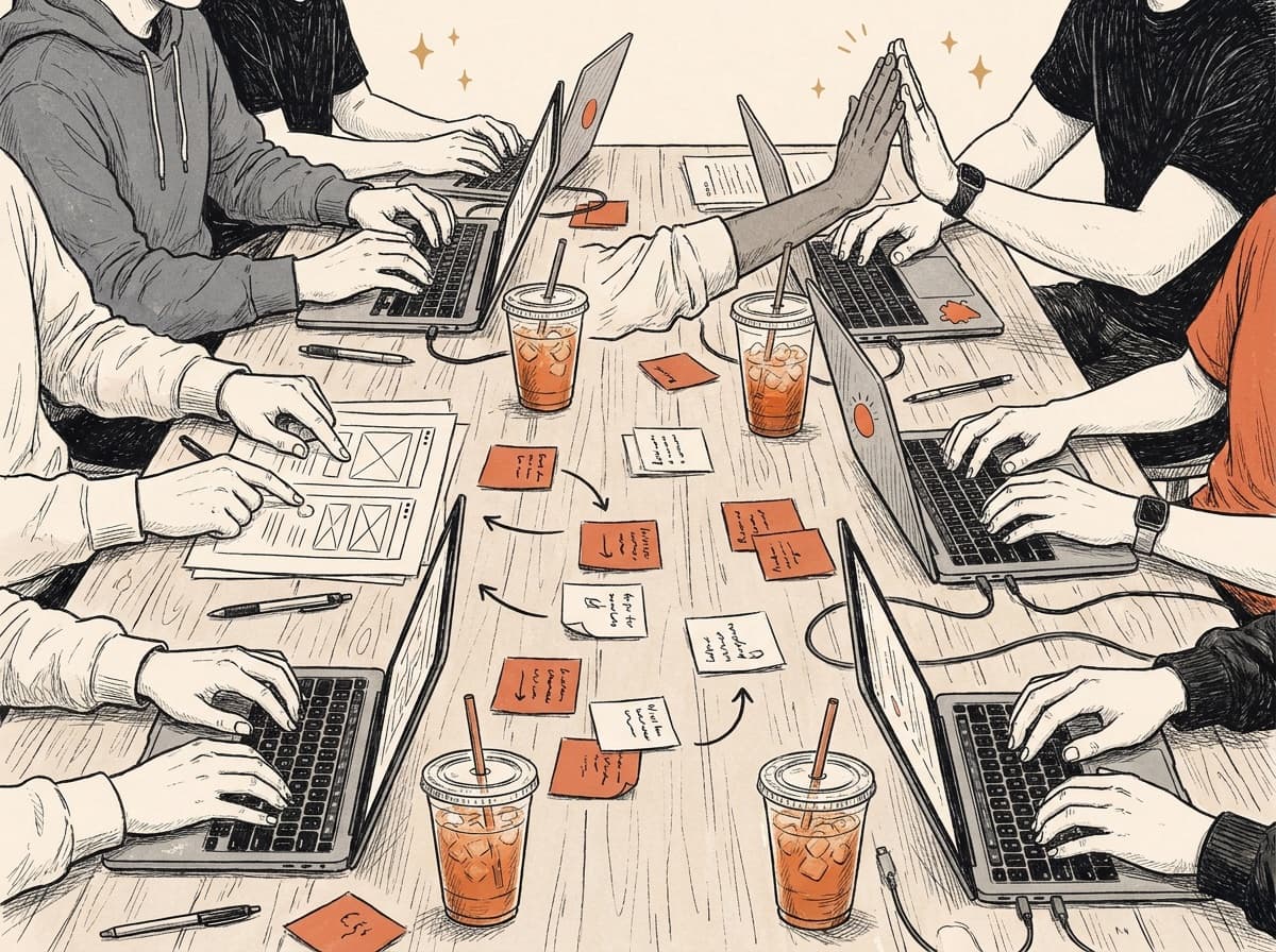 Hands typing and high-fiving across a workshop table